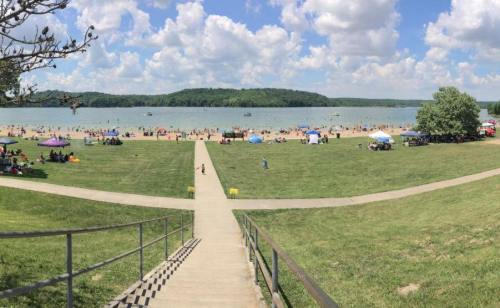 A sunny beach scene with people enjoying the water, green grass, and tents under a blue sky with fluffy clouds.