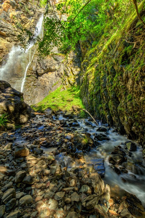 A serene waterfall cascades down rocky cliffs, surrounded by lush greenery and a stream flowing over smooth stones.