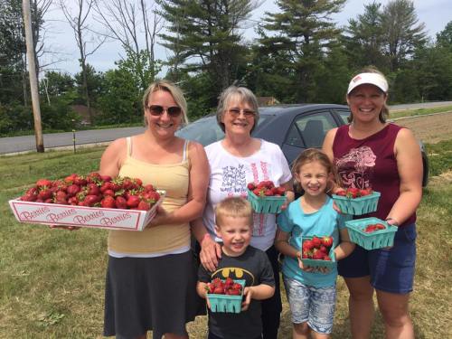 A group of five people, including children, holding baskets of freshly picked strawberries outdoors.