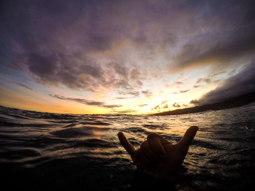 A hand making a shaka sign above water, with a colorful sunset and clouds in the background.