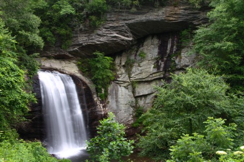 A serene waterfall cascading down rocky cliffs, surrounded by lush green trees and foliage.