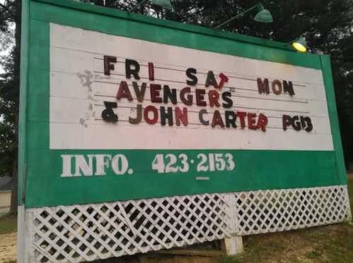 Signboard advertising movie showtimes for "Avengers" and "John Carter" with contact information below.