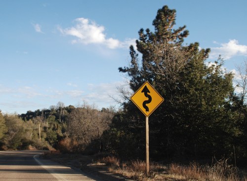 A winding road sign stands beside a rural road, surrounded by trees and a clear blue sky.