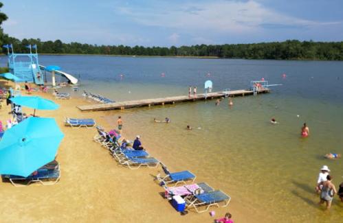 A sandy beach with lounge chairs, umbrellas, and a dock; people swimming and enjoying the water on a sunny day.