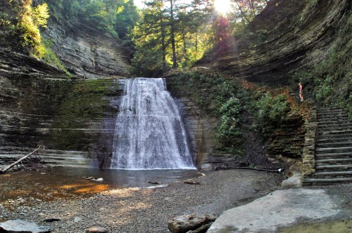 A serene waterfall cascades down rocky cliffs, surrounded by lush greenery and a peaceful stream below.