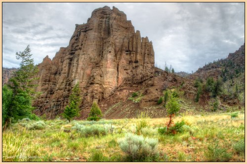 A rugged rock formation rises above a grassy meadow, surrounded by trees and a cloudy sky.