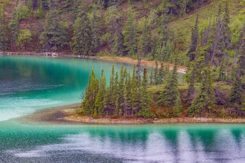 A serene lake surrounded by lush green trees, with vibrant turquoise waters reflecting the landscape.