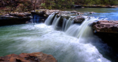 A serene waterfall cascades over rocks into a calm river, surrounded by lush greenery and a clear blue sky.
