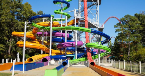 Colorful water slides twist and turn at a water park, with a tall slide tower in the background under a clear blue sky.