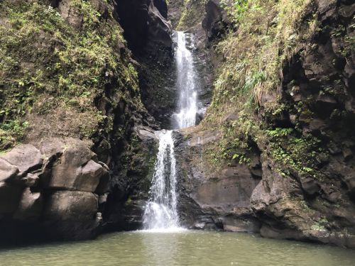 A serene waterfall cascading down rocky cliffs into a tranquil pool surrounded by lush greenery.