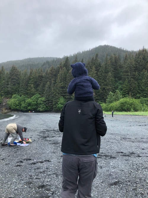 A person stands on a rocky beach with a stuffed bear on their shoulders, surrounded by trees and a cloudy sky.