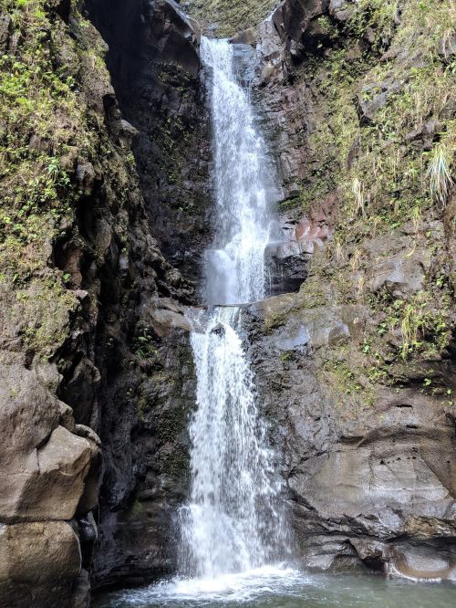A cascading waterfall flows down rocky cliffs, surrounded by lush greenery and moss.