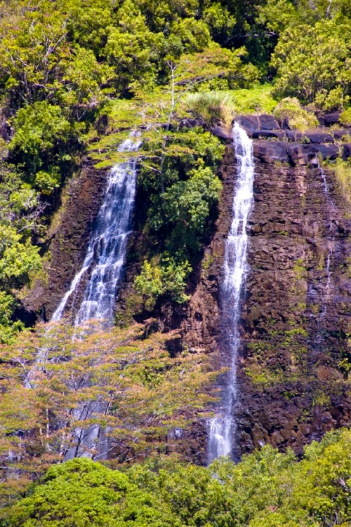 Two waterfalls cascade down a rocky cliff, surrounded by lush green trees and foliage.