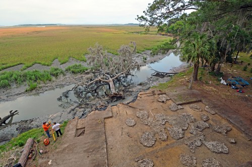 Aerial view of a marshland with a river, featuring workers near a site with exposed soil and vegetation.