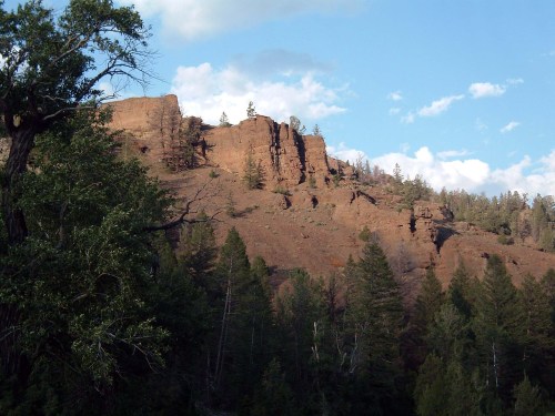 Rocky cliffs rise above a dense forest of pine trees under a partly cloudy sky.