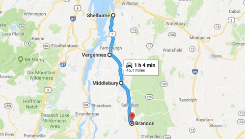 Map showing a route from Brandon to Shelburne, Vermont, with a travel time of 1 hour and 4 minutes over 45.1 miles.