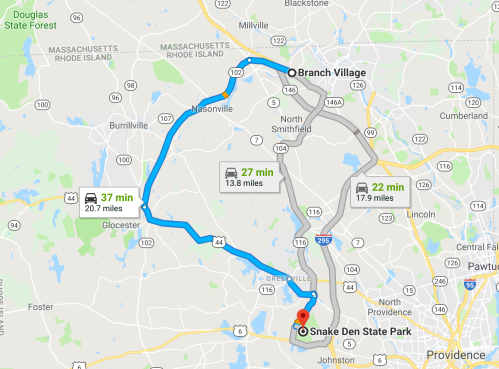 Map showing routes from Branch Village to Snake Den State Park, with estimated travel times and distances.