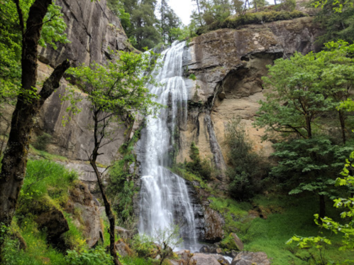 A serene waterfall cascading down rocky cliffs, surrounded by lush green trees and foliage.