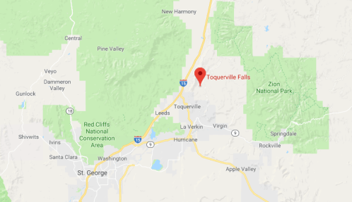 Map showing the location of Toquerville Falls near Toquerville, Utah, with surrounding areas and landmarks.