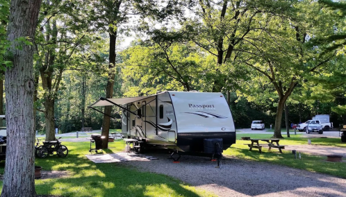 A travel trailer parked in a shaded campsite surrounded by trees, with picnic tables and a grill nearby.
