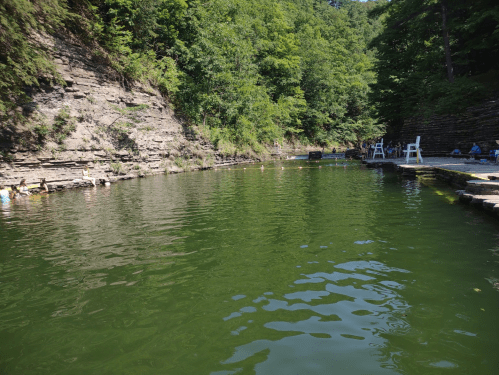 A serene green swimming area surrounded by rocky cliffs and lush trees, with people enjoying the water.