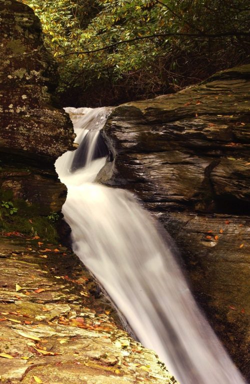 A serene waterfall cascading between rocky formations, surrounded by lush greenery and fallen leaves.