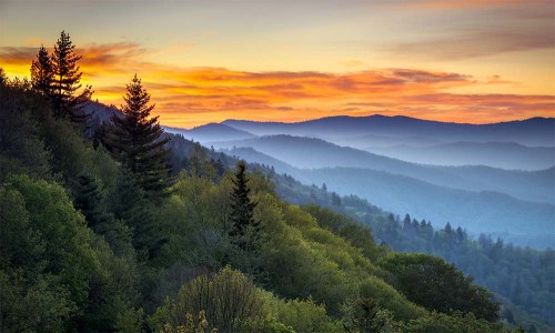 Sunset over misty mountains, with layers of green trees and a colorful sky in the background.