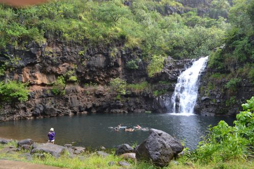A serene waterfall cascades into a pool surrounded by lush greenery and rocky cliffs, with people swimming nearby.