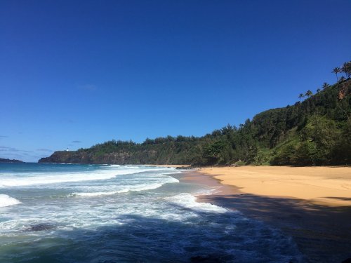 A serene beach with golden sand, gentle waves, and lush green hills under a clear blue sky.