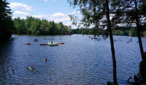 A serene lake surrounded by trees, with people swimming and floating on rafts under a blue sky.