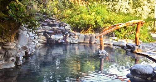 A serene hot spring with a wooden bridge, surrounded by lush greenery and smooth stones.