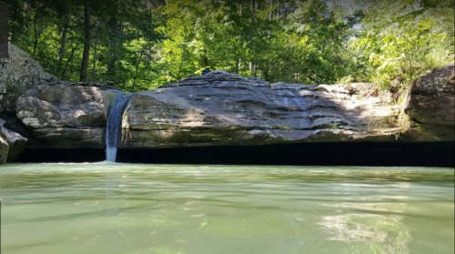 A serene landscape featuring a small waterfall cascading over rocks into a calm, greenish body of water surrounded by trees.