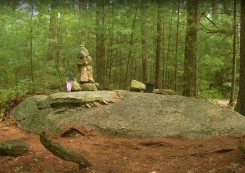 A stone statue stands on a large rock in a wooded area, surrounded by trees and pine needles. An American flag is nearby.