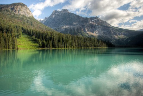 A serene lake surrounded by lush green forests and mountains under a partly cloudy sky.