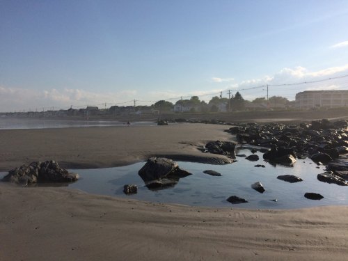 A serene beach scene with rocks and a calm pool of water under a clear blue sky.