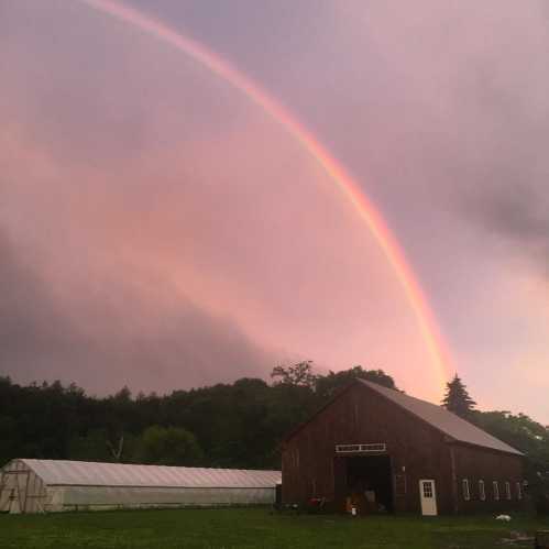 A vibrant rainbow arcs over a rustic barn and greenhouse, set against a colorful sky at sunset.