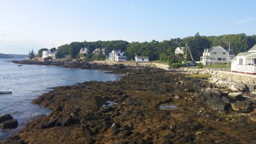 Coastal view featuring rocky shoreline, houses, and greenery under a clear blue sky.