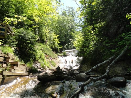 A serene waterfall surrounded by lush greenery, with two people walking along the water's edge.