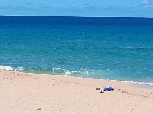 A serene beach scene with gentle waves, a person swimming in the water, and a blue towel on the sand.