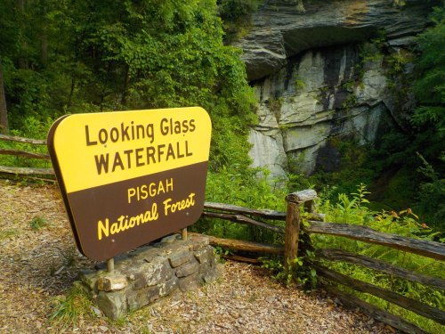 Sign for Looking Glass Waterfall in Pisgah National Forest, surrounded by lush greenery and rocky cliffs.