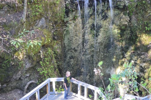 A child stands on a viewing platform near a waterfall surrounded by lush greenery and rocky terrain.