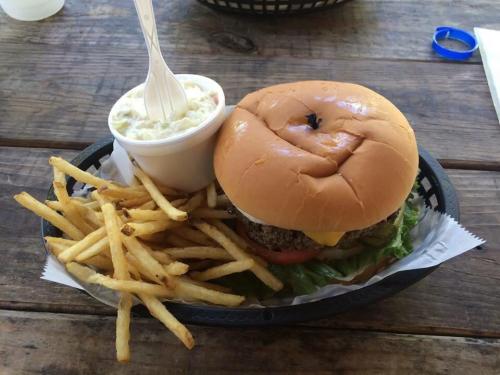 A plate with a burger, fries, and a small cup of creamy dip on a wooden table.
