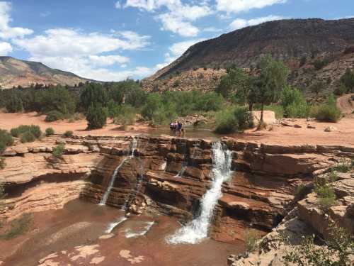 A scenic view of a waterfall cascading over rocky terrain, surrounded by greenery and mountains under a blue sky.