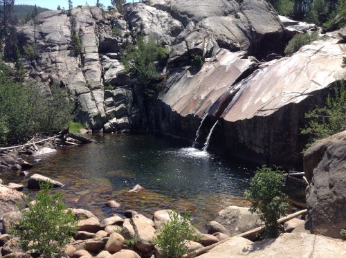 A serene natural scene featuring a small waterfall cascading into a clear pool surrounded by rocks and greenery.