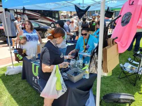 A busy outdoor market scene with people shopping at a vendor booth under blue tents.