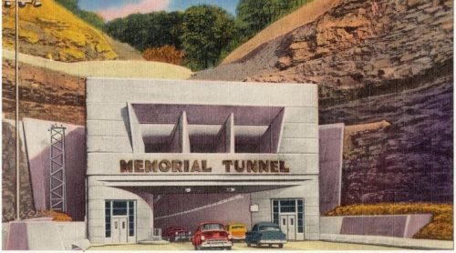 Illustration of the Memorial Tunnel entrance, featuring vintage cars and rocky surroundings.