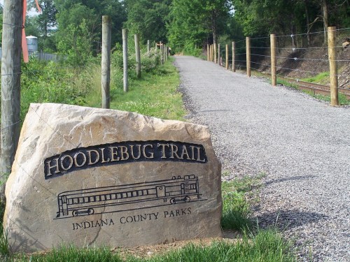 Sign for Hoodlebug Trail in Indiana County Parks, featuring a train illustration, beside a gravel path lined with trees.
