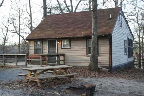 A small, rustic cabin surrounded by trees, with a picnic table in front and fallen leaves on the ground.