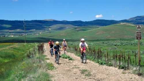 A group of children and adults riding bicycles on a gravel path surrounded by green fields and hills under a blue sky.