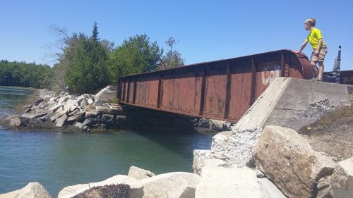 A boy in a bright shirt stands near a rusty, abandoned train bridge over a calm river, surrounded by greenery.